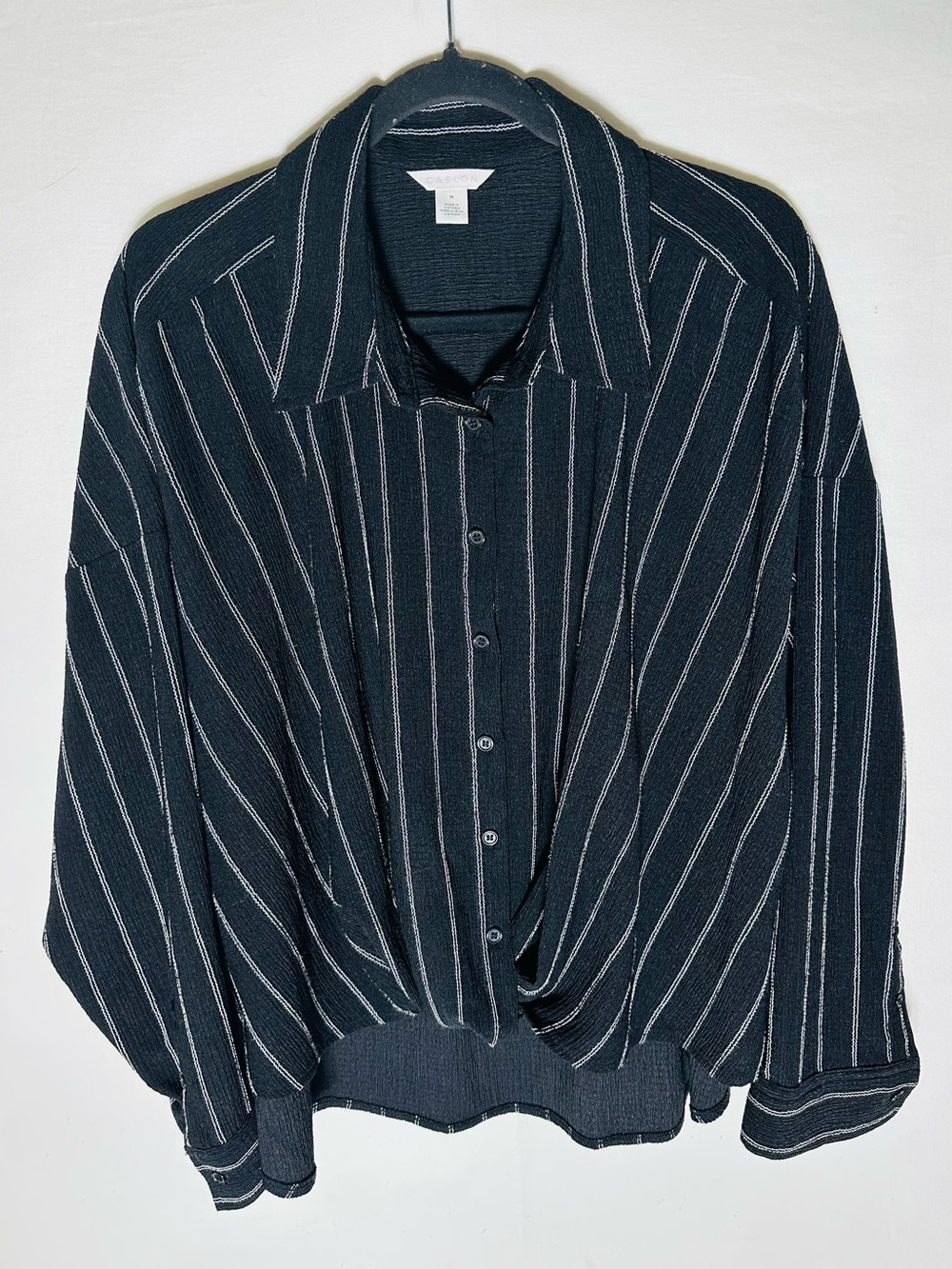 Caslon Nordstrom Black White Pinstripe Faux Tuck Twist Hem Button Up Blouse 1X